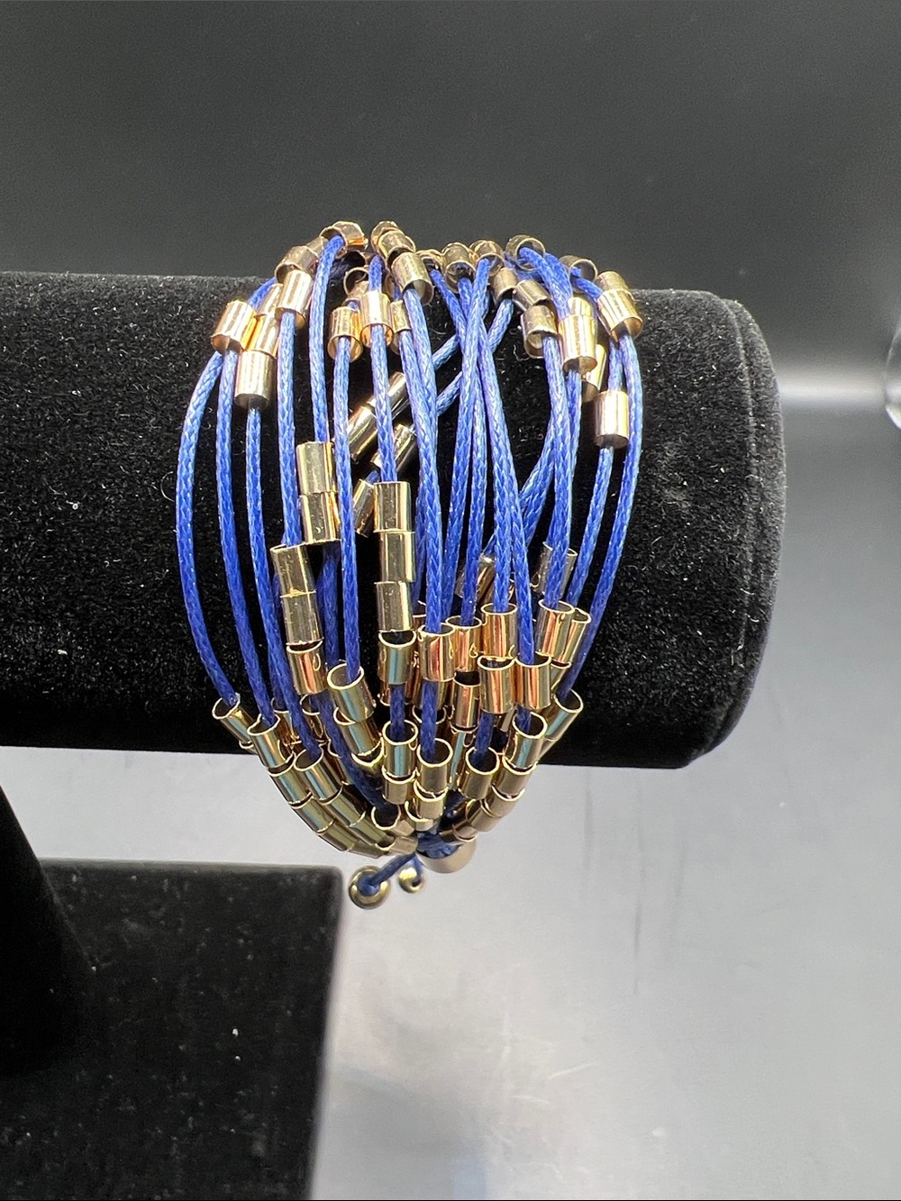 Tasha Blue Cord Multi-Strand Bracelet with Gold Beads